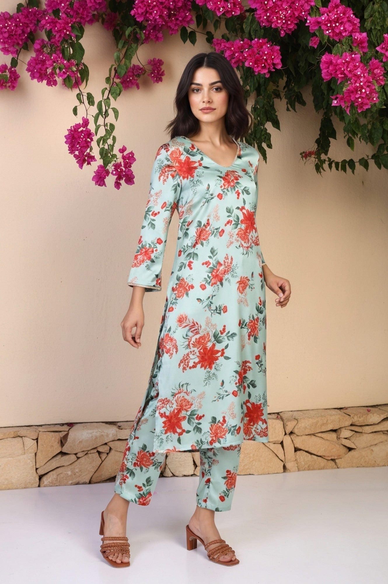 W for Woman Green Floral Print Sequined A-Line Satin Kurta with Straight Pant