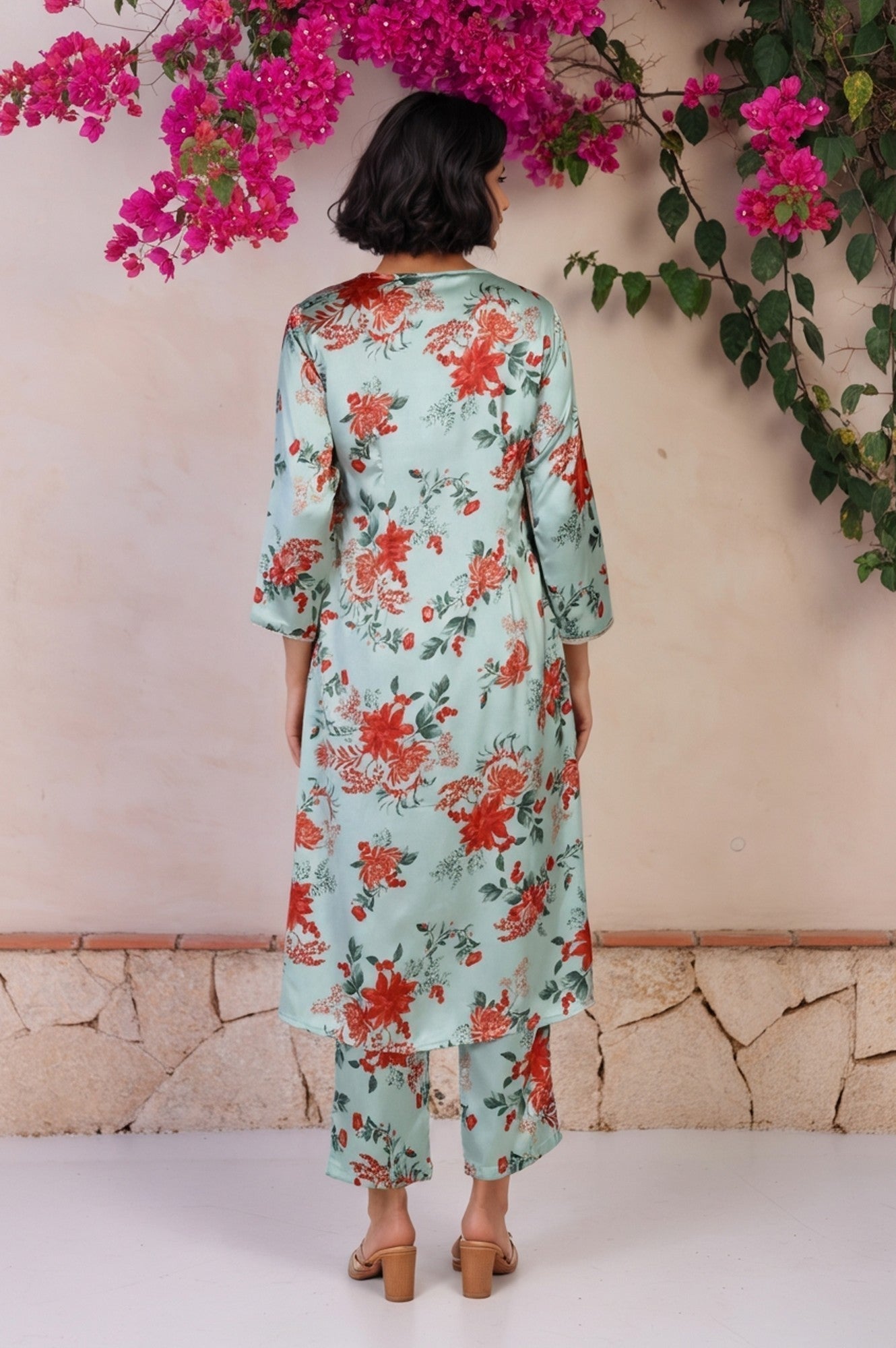 W for Woman Green Floral Print Sequined A-Line Satin Kurta with Straight Pant