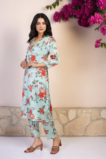 W for Woman Green Floral Print Sequined A-Line Satin Kurta with Straight Pant