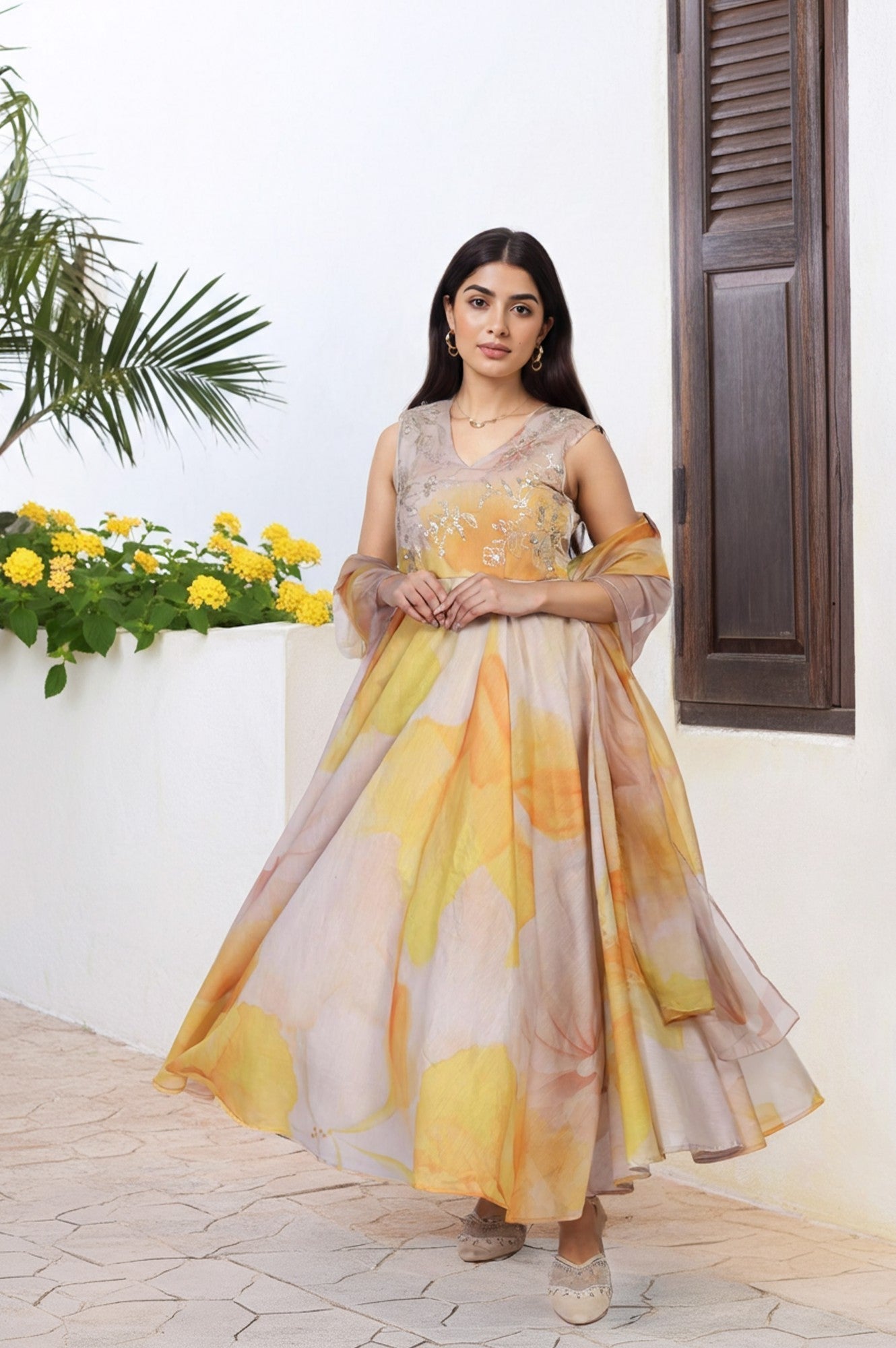 W for Woman Beige Embroidered Organza Anarkali Kurta Set Dupatta Set