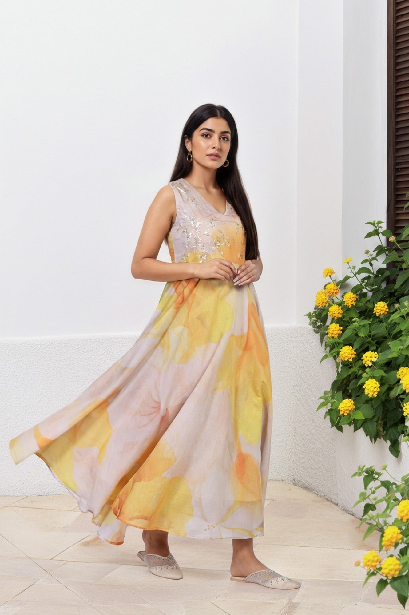W for Woman Beige Embroidered Organza Anarkali Kurta Set Dupatta Set