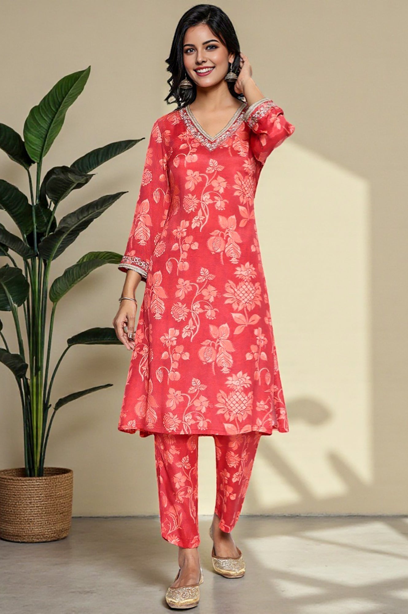 W for Woman Crimson Red Printed Modal A-line Kurta and Straight Pant Set