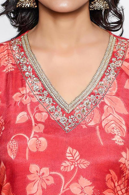 W for Woman Crimson Red Printed Modal A-line Kurta and Straight Pant Set