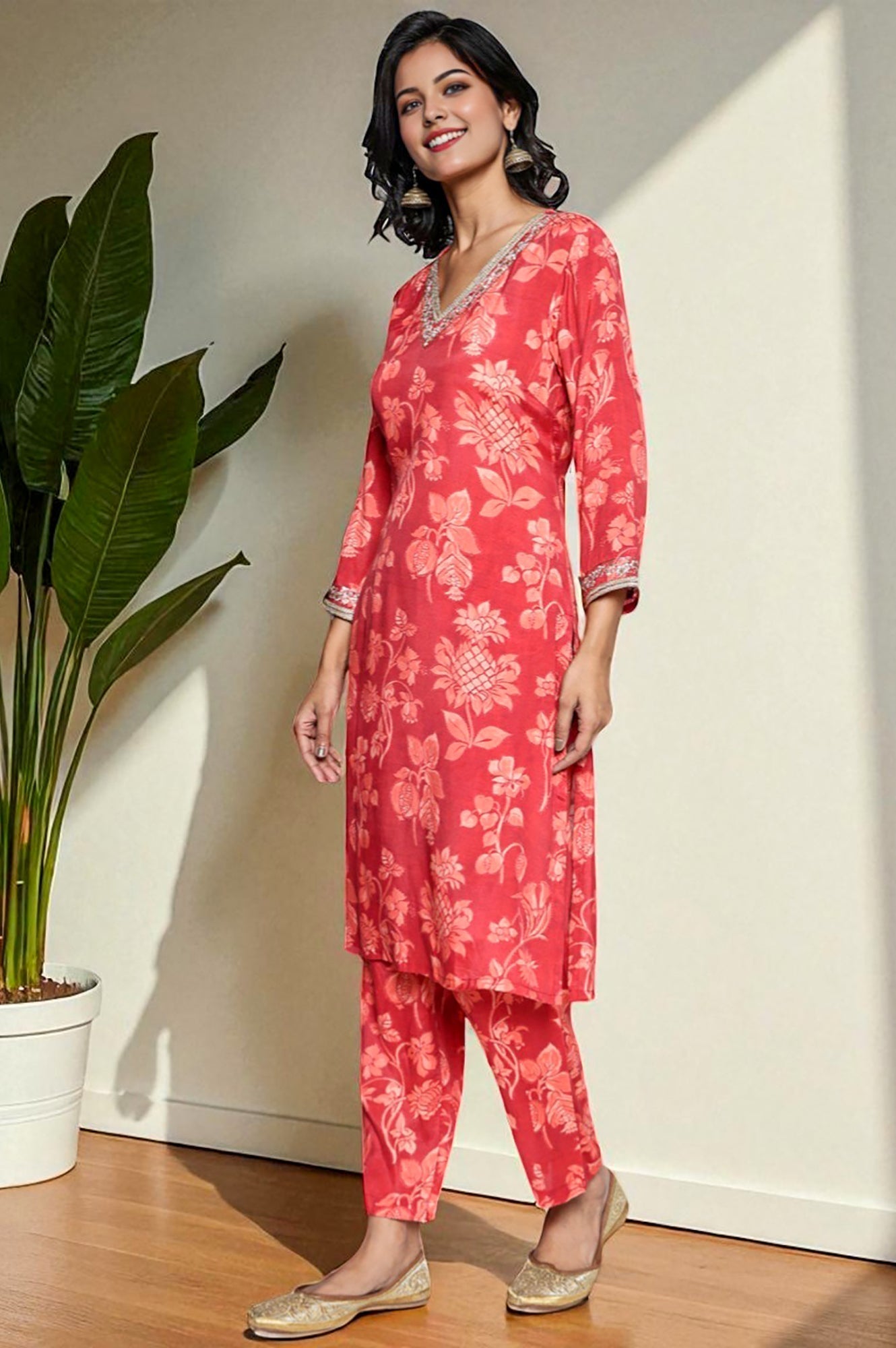 W for Woman Crimson Red Printed Modal A-line Kurta and Straight Pant Set