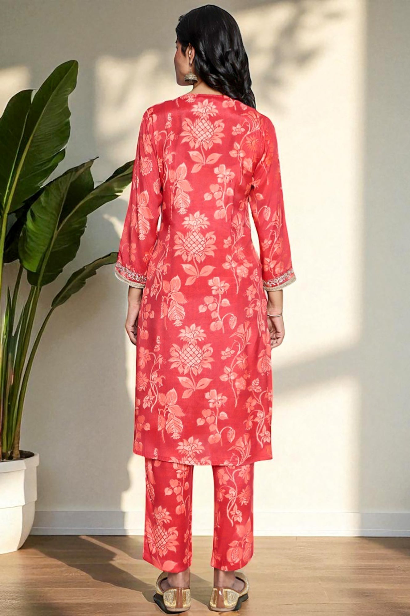 W for Woman Crimson Red Printed Modal A-line Kurta and Straight Pant Set