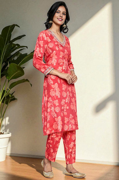W for Woman Crimson Red Printed Modal A-line Kurta and Straight Pant Set