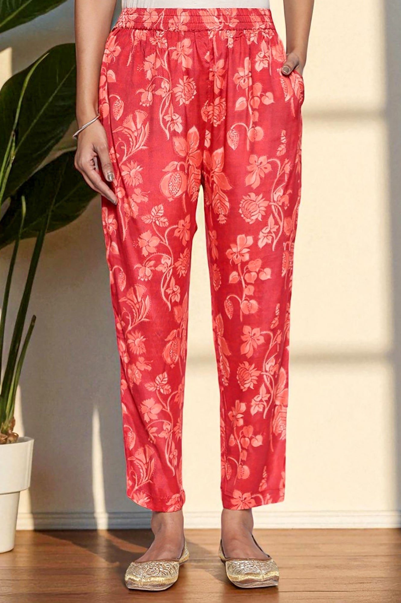 W for Woman Crimson Red Printed Modal A-line Kurta and Straight Pant Set