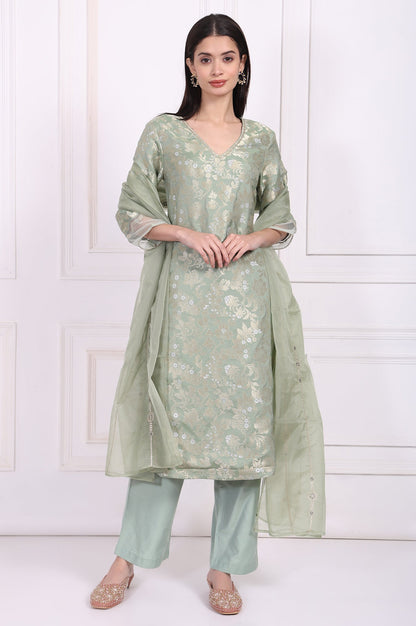 W for Woman Green Embellished Straight Jacquard Kurta with Straight Pant and Dupatta Set