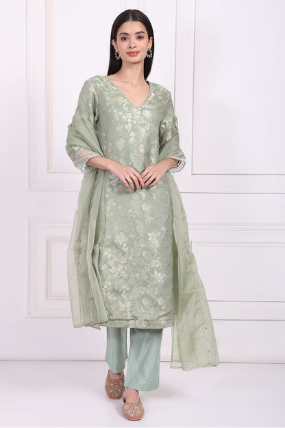 W for Woman Green Embellished Straight Jacquard Kurta with Straight Pant and Dupatta Set