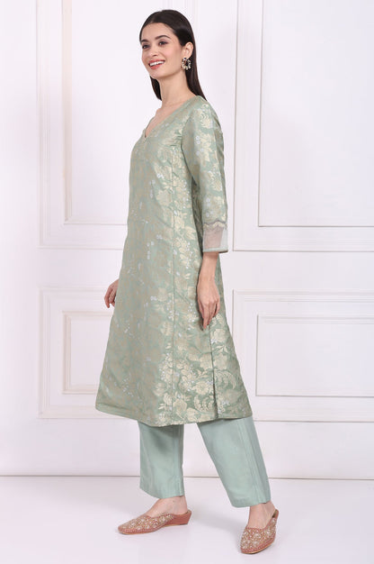 W for Woman Green Embellished Straight Jacquard Kurta with Straight Pant and Dupatta Set