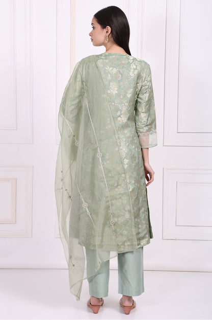 W for Woman Green Embellished Straight Jacquard Kurta with Straight Pant and Dupatta Set