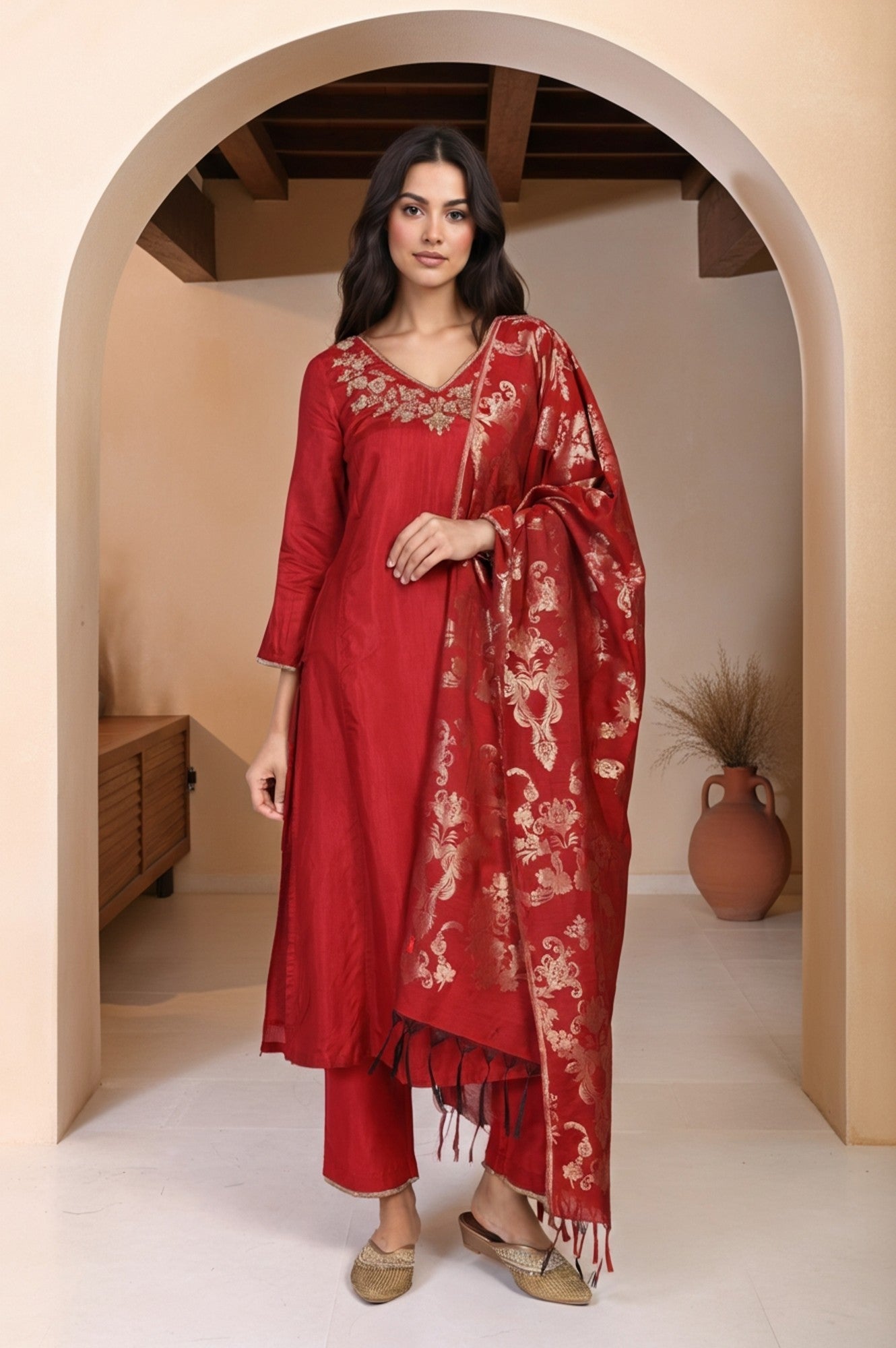 W for Woman Red Solid Aari Work Straight Silk Kurta with Pant and Dupatta Set