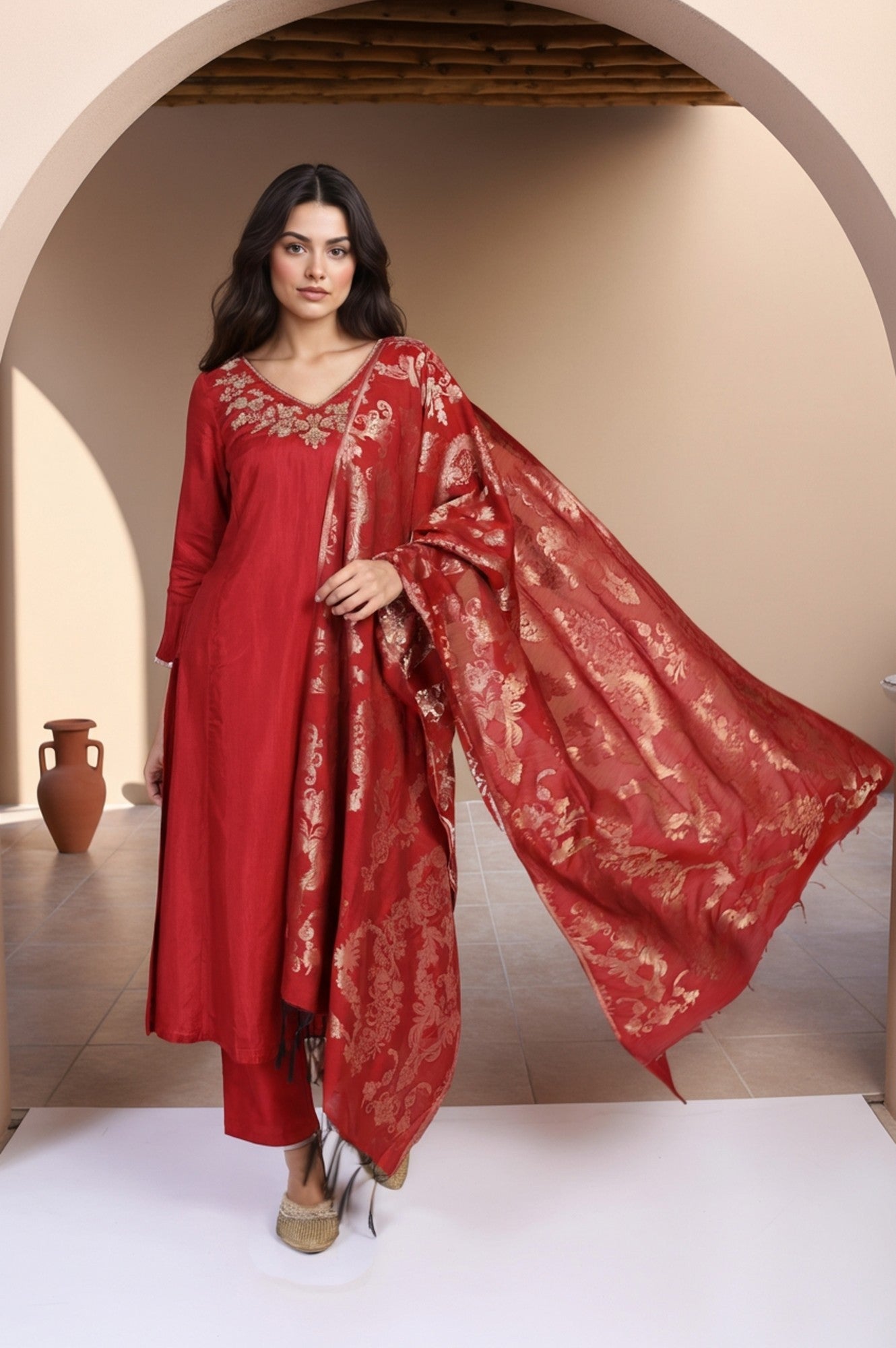 W for Woman Red Solid Aari Work Straight Silk Kurta with Pant and Dupatta Set