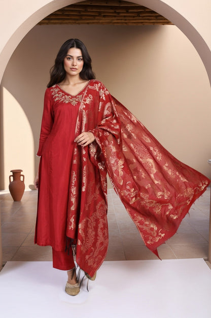 W for Woman Red Solid Aari Work Straight Silk Kurta with Pant and Dupatta Set
