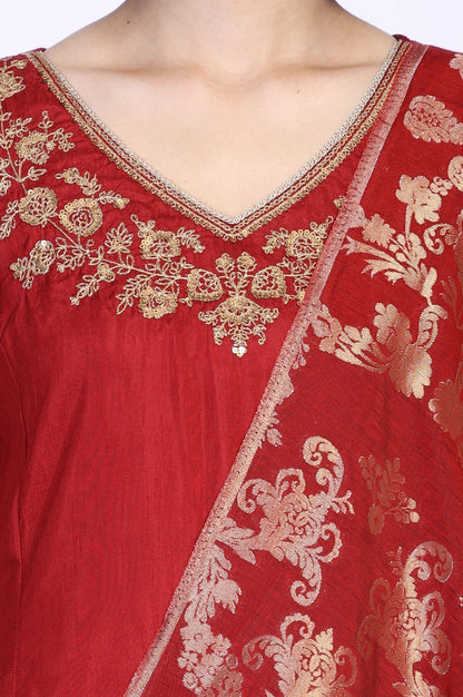 W for Woman Red Solid Aari Work Straight Silk Kurta with Pant and Dupatta Set