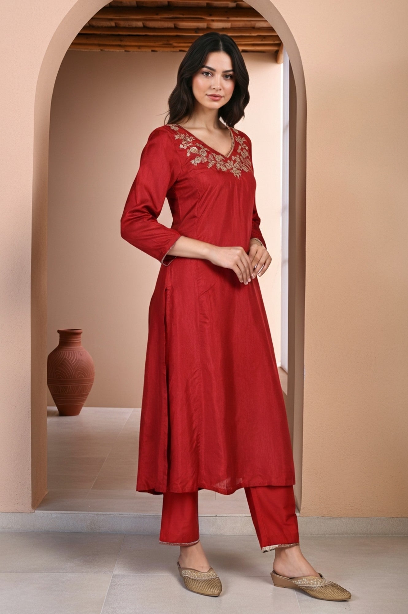 W for Woman Red Solid Aari Work Straight Silk Kurta with Pant and Dupatta Set