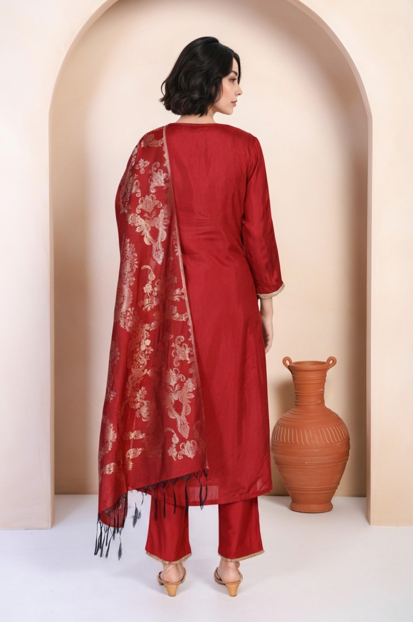 W for Woman Red Solid Aari Work Straight Silk Kurta with Pant and Dupatta Set