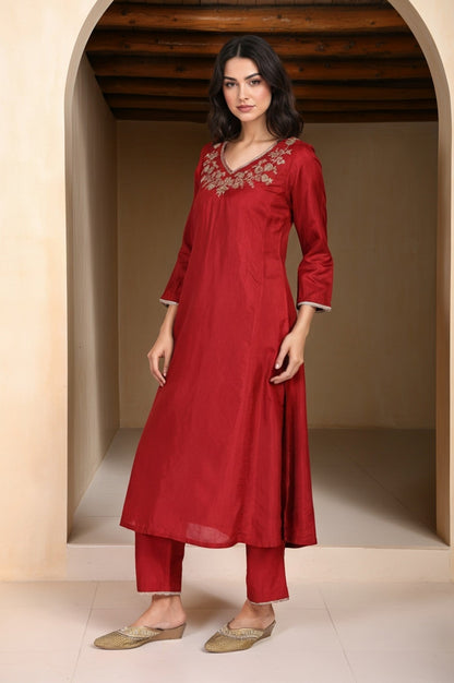 W for Woman Red Solid Aari Work Straight Silk Kurta with Pant and Dupatta Set