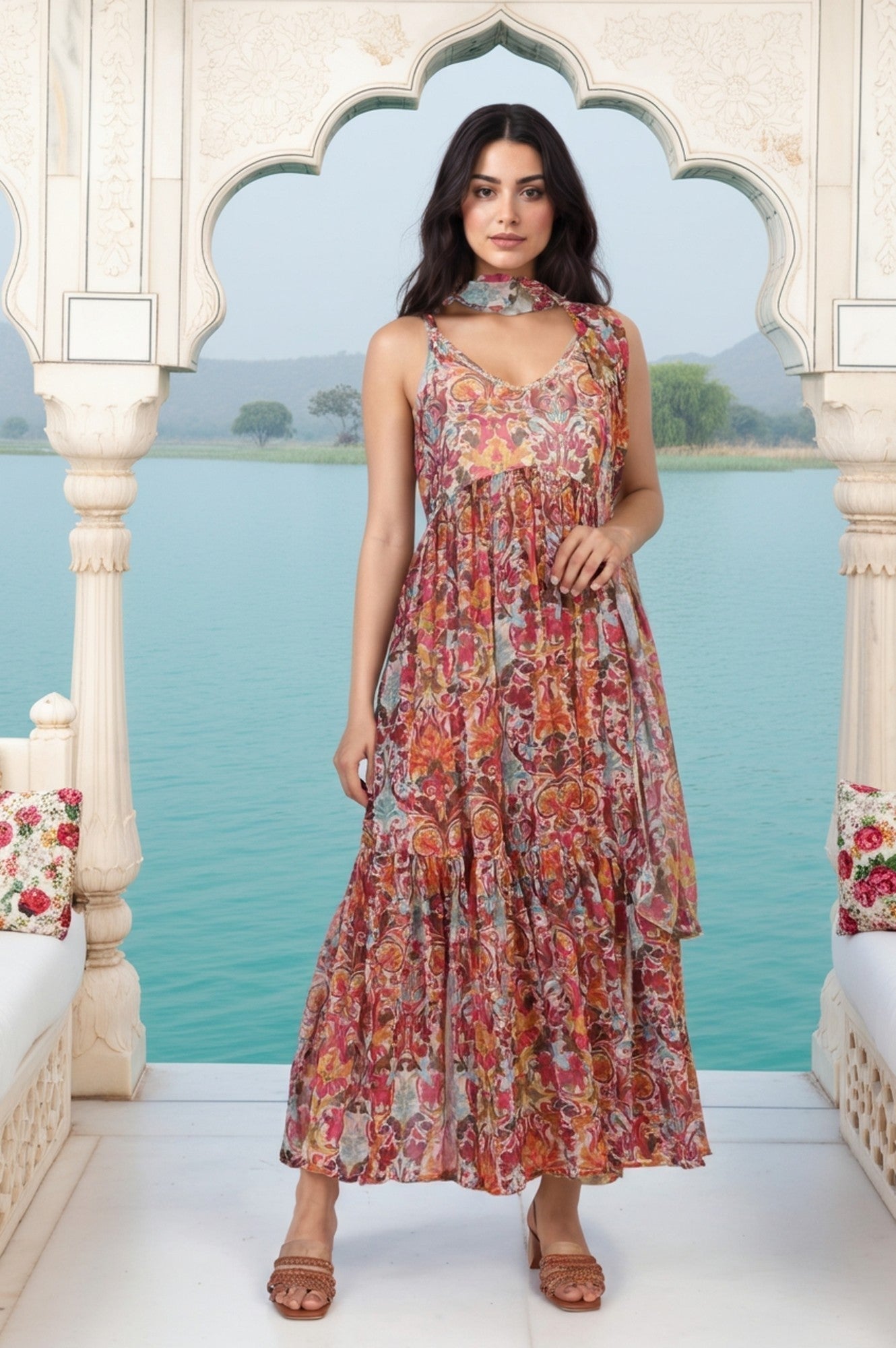 W for Woman White Floral Printed Tape Detail Flared Chiffon Kurta with Pant and Dupatta Set