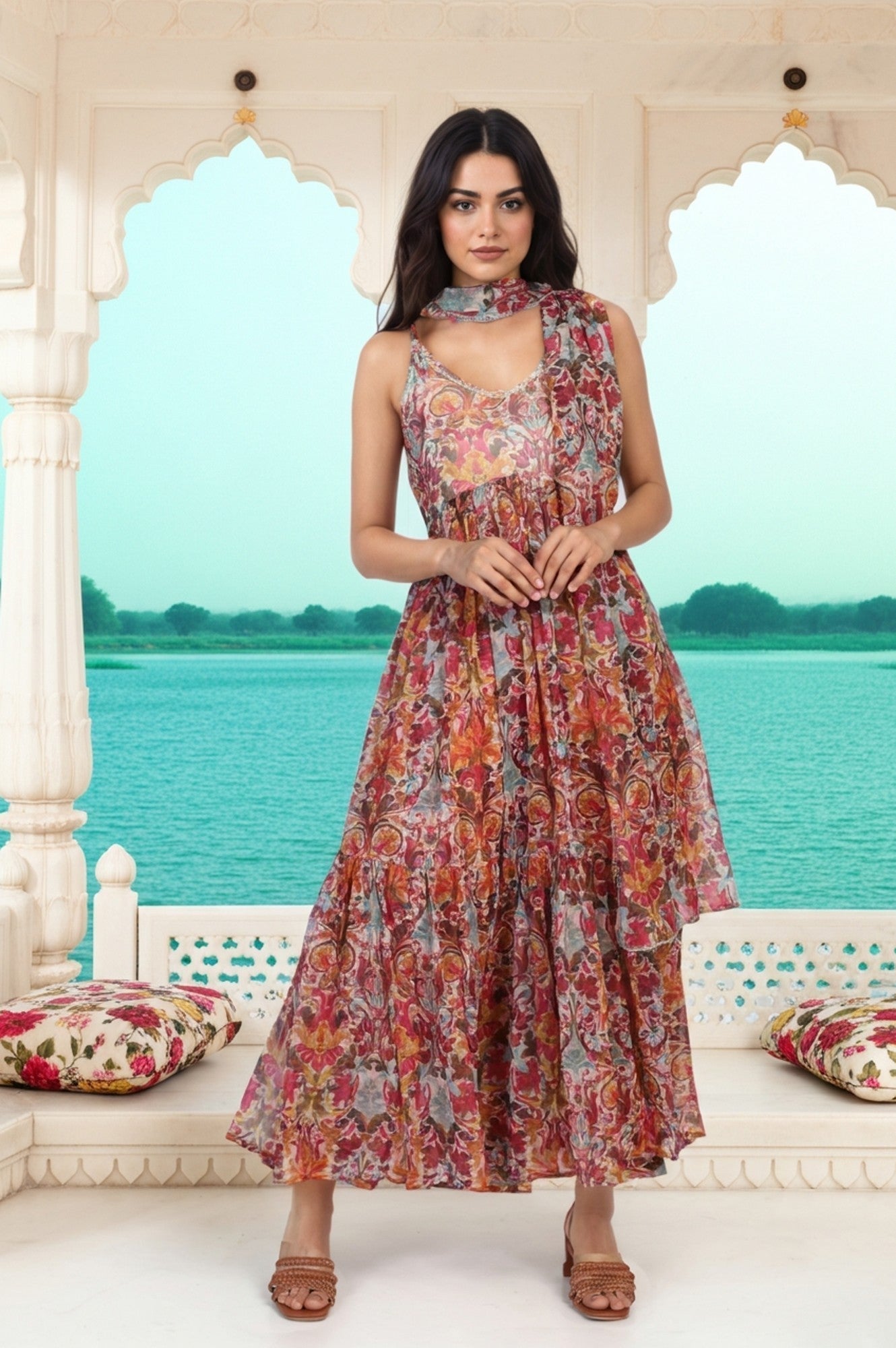 W for Woman White Floral Printed Tape Detail Flared Chiffon Kurta with Pant and Dupatta Set