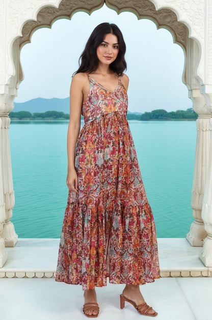 W for Woman White Floral Printed Tape Detail Flared Chiffon Kurta with Pant and Dupatta Set