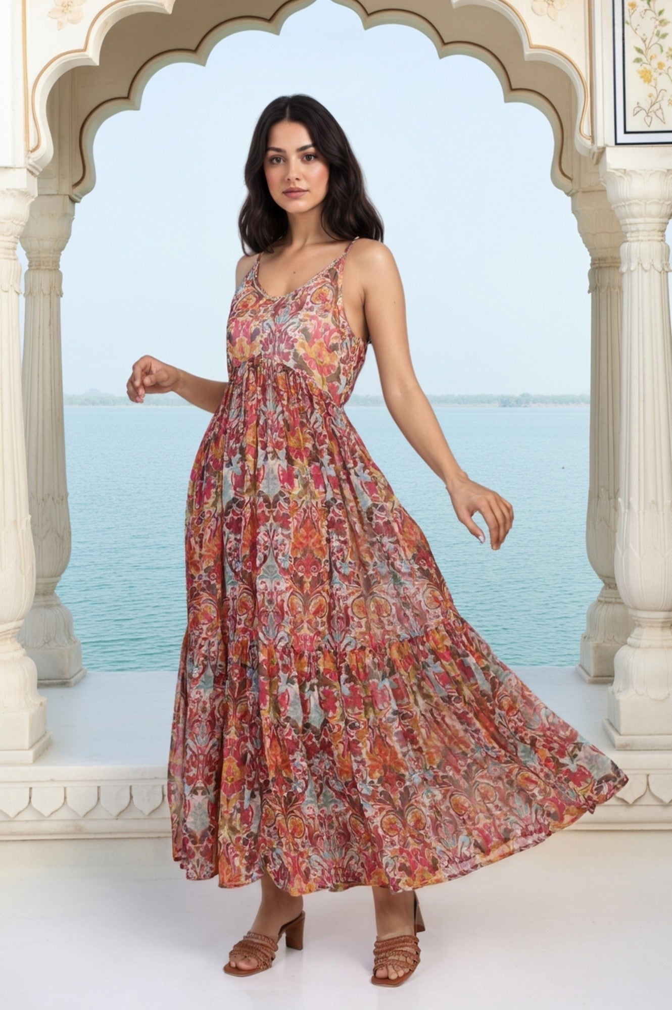 W for Woman White Floral Printed Tape Detail Flared Chiffon Kurta with Pant and Dupatta Set