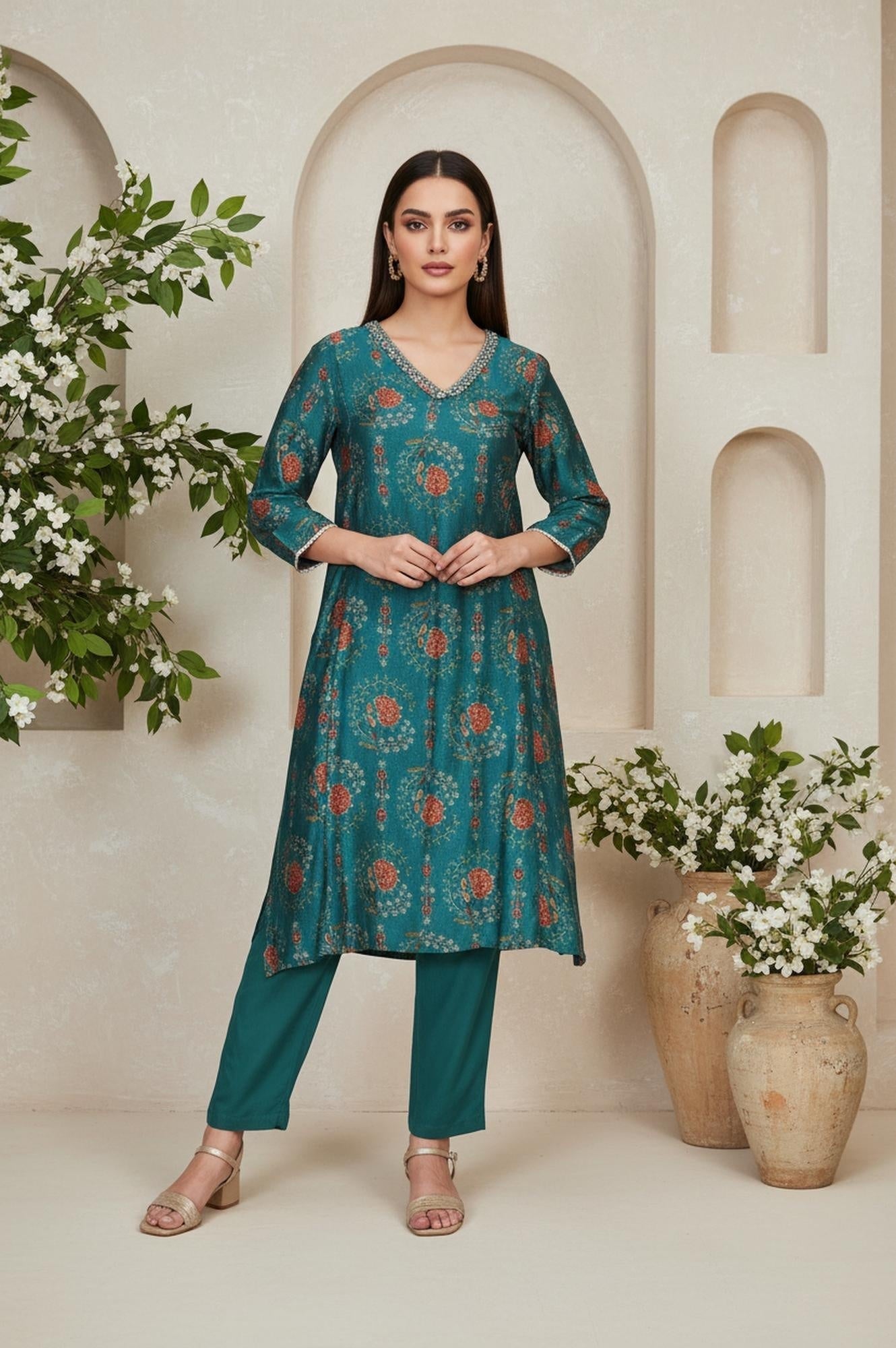 W for Woman Teal Floral Printed Embellished A-Line Art Silk Kurta with Straight Pant Set