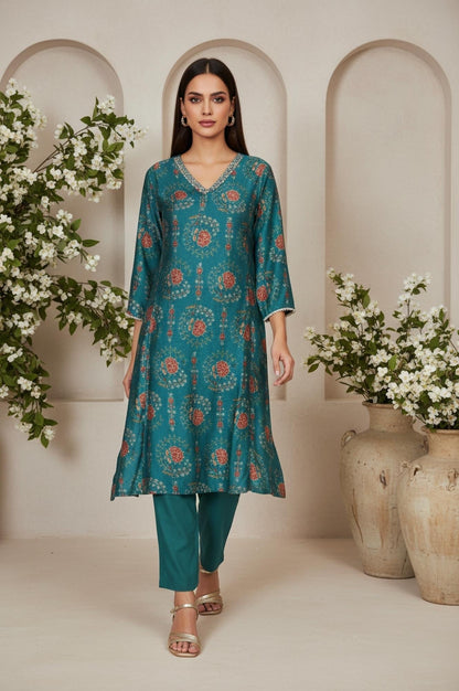 W for Woman Teal Floral Printed Embellished A-Line Art Silk Kurta with Straight Pant Set