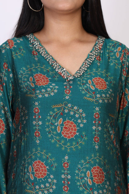 W for Woman Teal Floral Printed Embellished A-Line Art Silk Kurta with Straight Pant Set