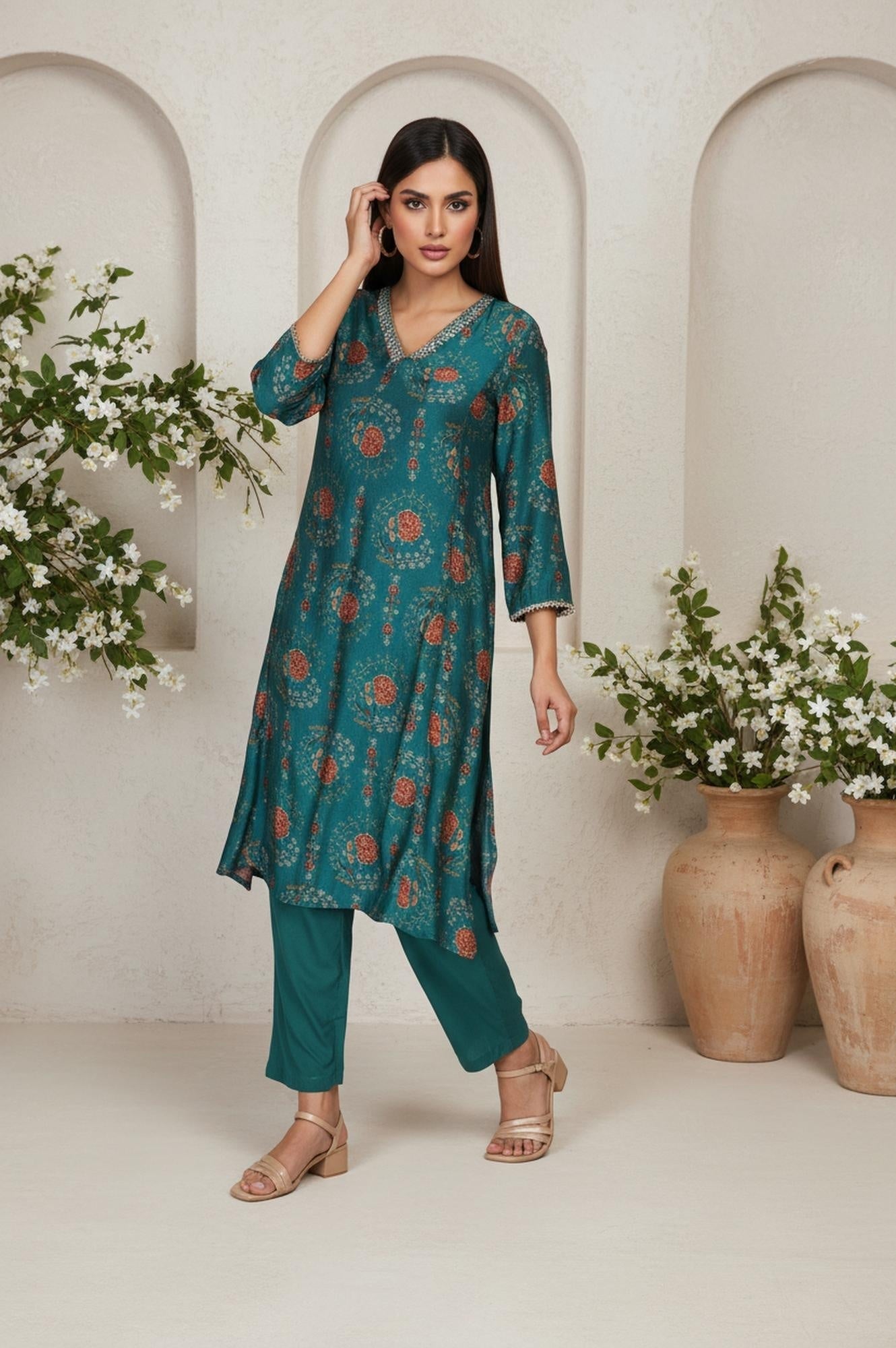 W for Woman Teal Floral Printed Embellished A-Line Art Silk Kurta with Straight Pant Set