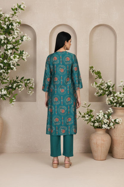 W for Woman Teal Floral Printed Embellished A-Line Art Silk Kurta with Straight Pant Set