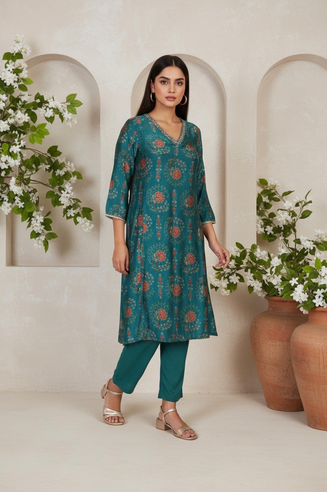 W for Woman Teal Floral Printed Embellished A-Line Art Silk Kurta with Straight Pant Set