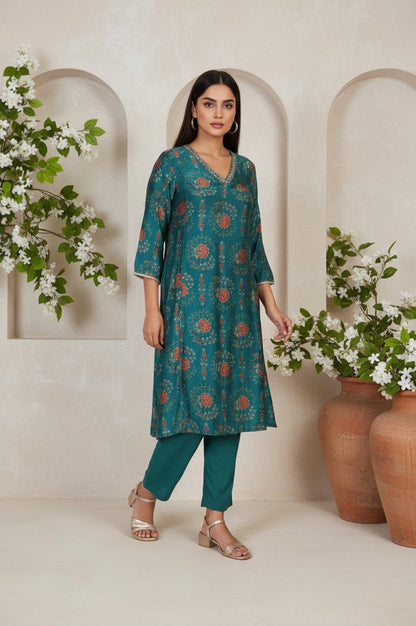 W for Woman Teal Floral Printed Embellished A-Line Art Silk Kurta with Straight Pant Set