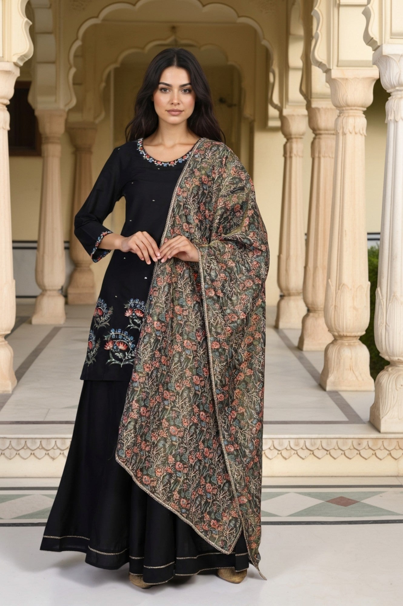 W for Woman Black Floral Thread Embroidery Straight Woven Kurta with Flared Pant and Dupatta Set