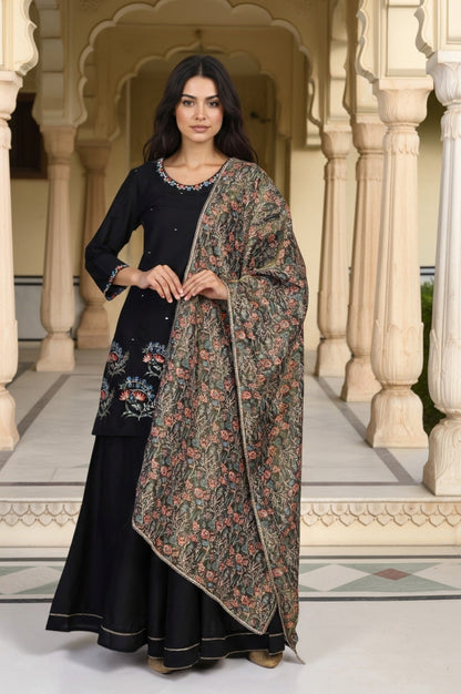 W for Woman Black Floral Thread Embroidery Straight Woven Kurta with Flared Pant and Dupatta Set