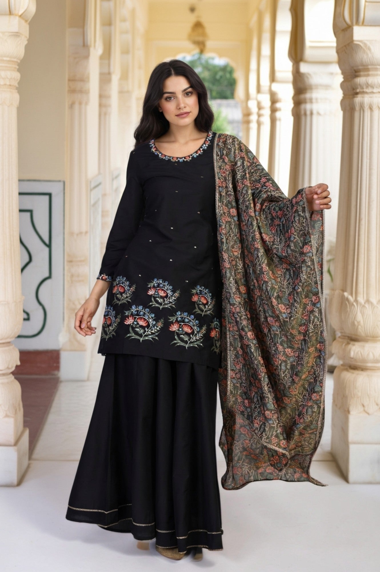 W for Woman Black Floral Thread Embroidery Straight Woven Kurta with Flared Pant and Dupatta Set