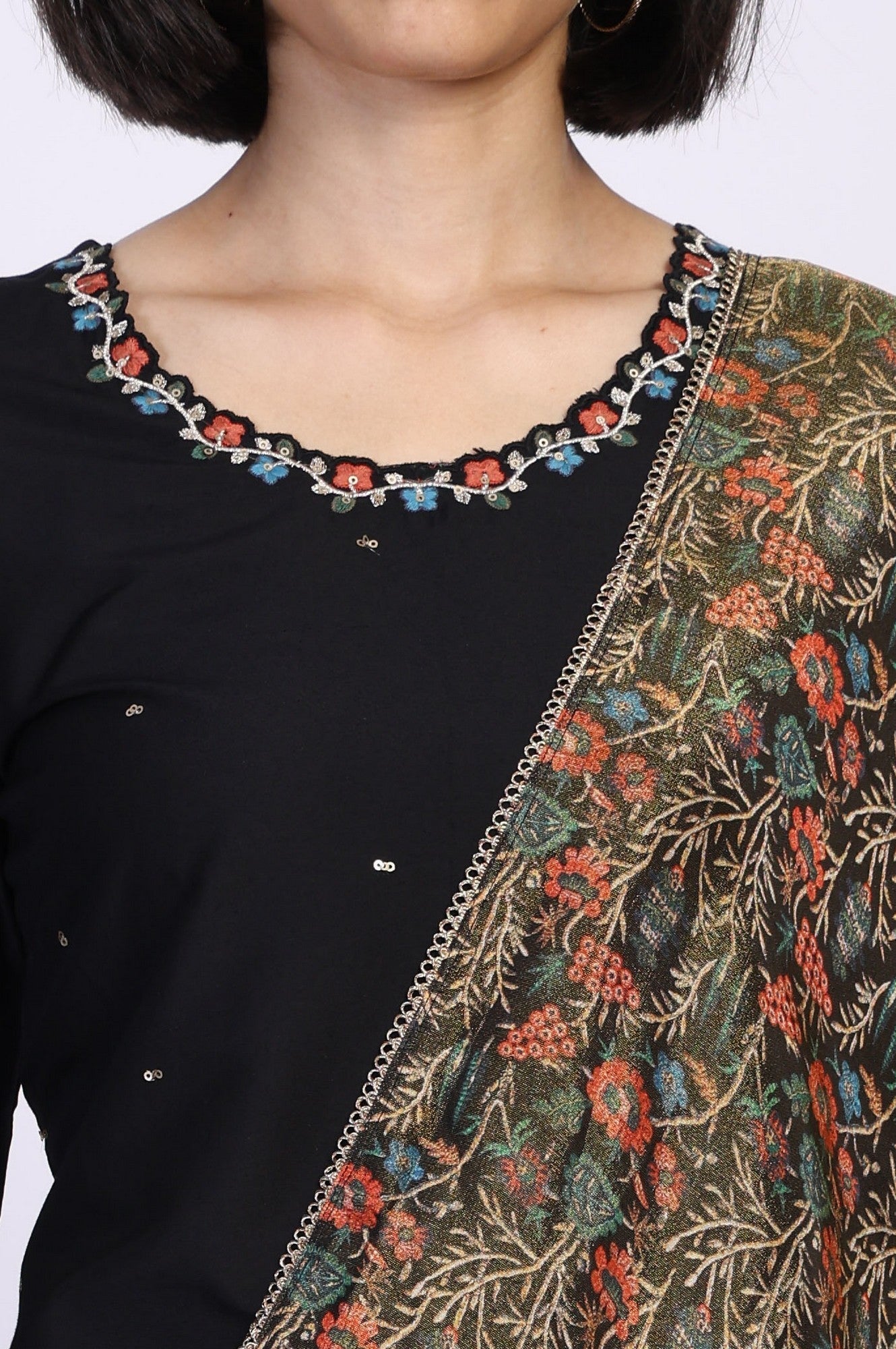 W for Woman Black Floral Thread Embroidery Straight Woven Kurta with Flared Pant and Dupatta Set