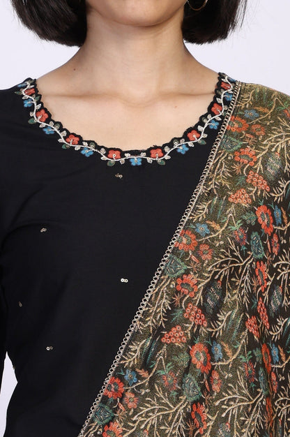 W for Woman Black Floral Thread Embroidery Straight Woven Kurta with Flared Pant and Dupatta Set