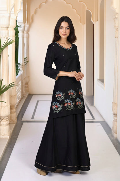 W for Woman Black Floral Thread Embroidery Straight Woven Kurta with Flared Pant and Dupatta Set