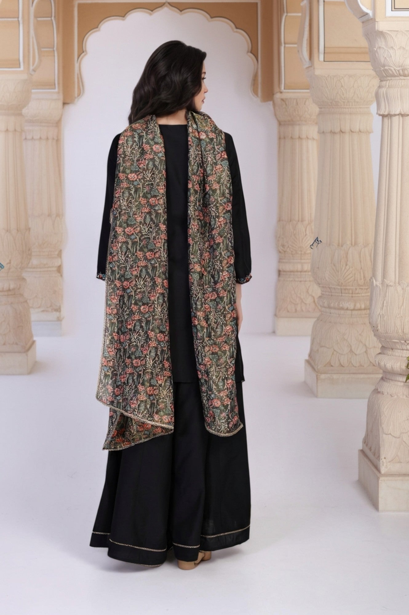 W for Woman Black Floral Thread Embroidery Straight Woven Kurta with Flared Pant and Dupatta Set