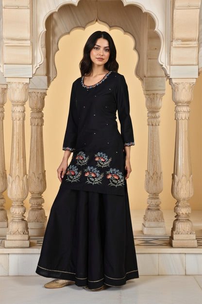 W for Woman Black Floral Thread Embroidery Straight Woven Kurta with Flared Pant and Dupatta Set