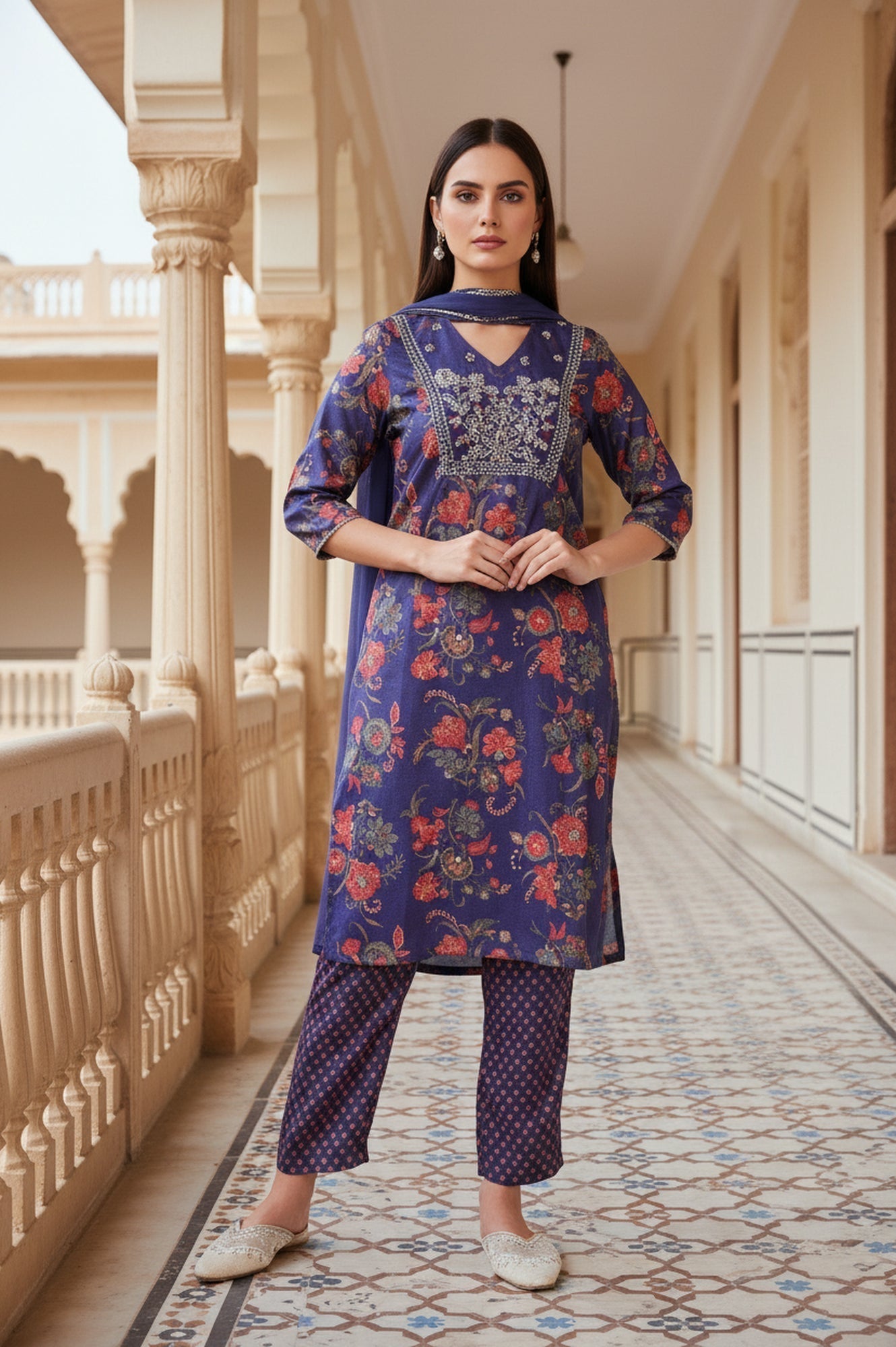 W for Woman Purple Floral Printed Embroidered Straight Satin Kurta with Straight Pant and Dupatta Set