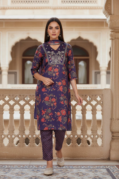 W for Woman Purple Floral Printed Embroidered Straight Satin Kurta with Straight Pant and Dupatta Set