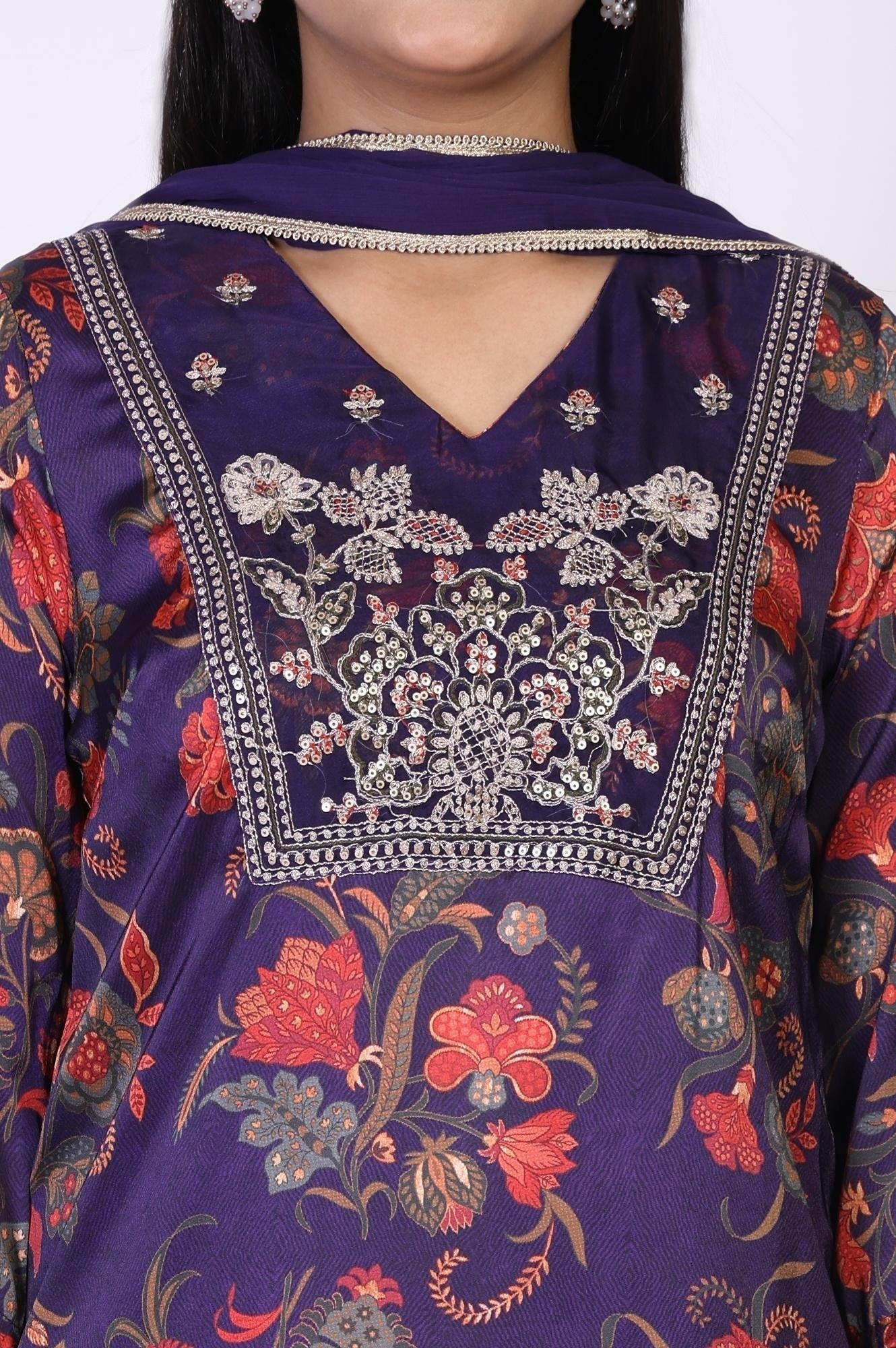 W for Woman Purple Floral Printed Embroidered Straight Satin Kurta with Straight Pant and Dupatta Set
