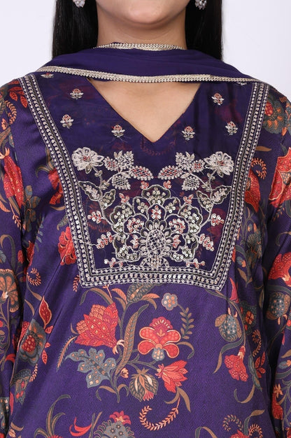 W for Woman Purple Floral Printed Embroidered Straight Satin Kurta with Straight Pant and Dupatta Set