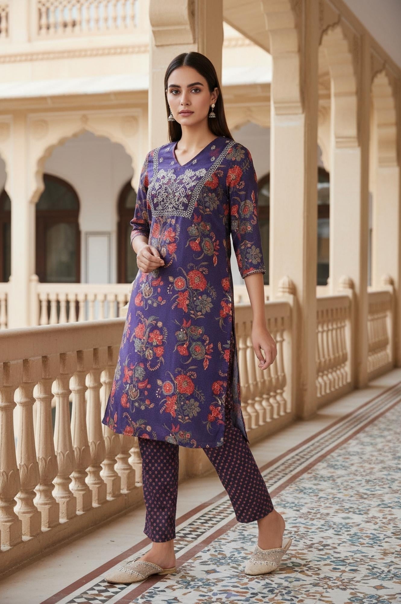 W for Woman Purple Floral Printed Embroidered Straight Satin Kurta with Straight Pant and Dupatta Set