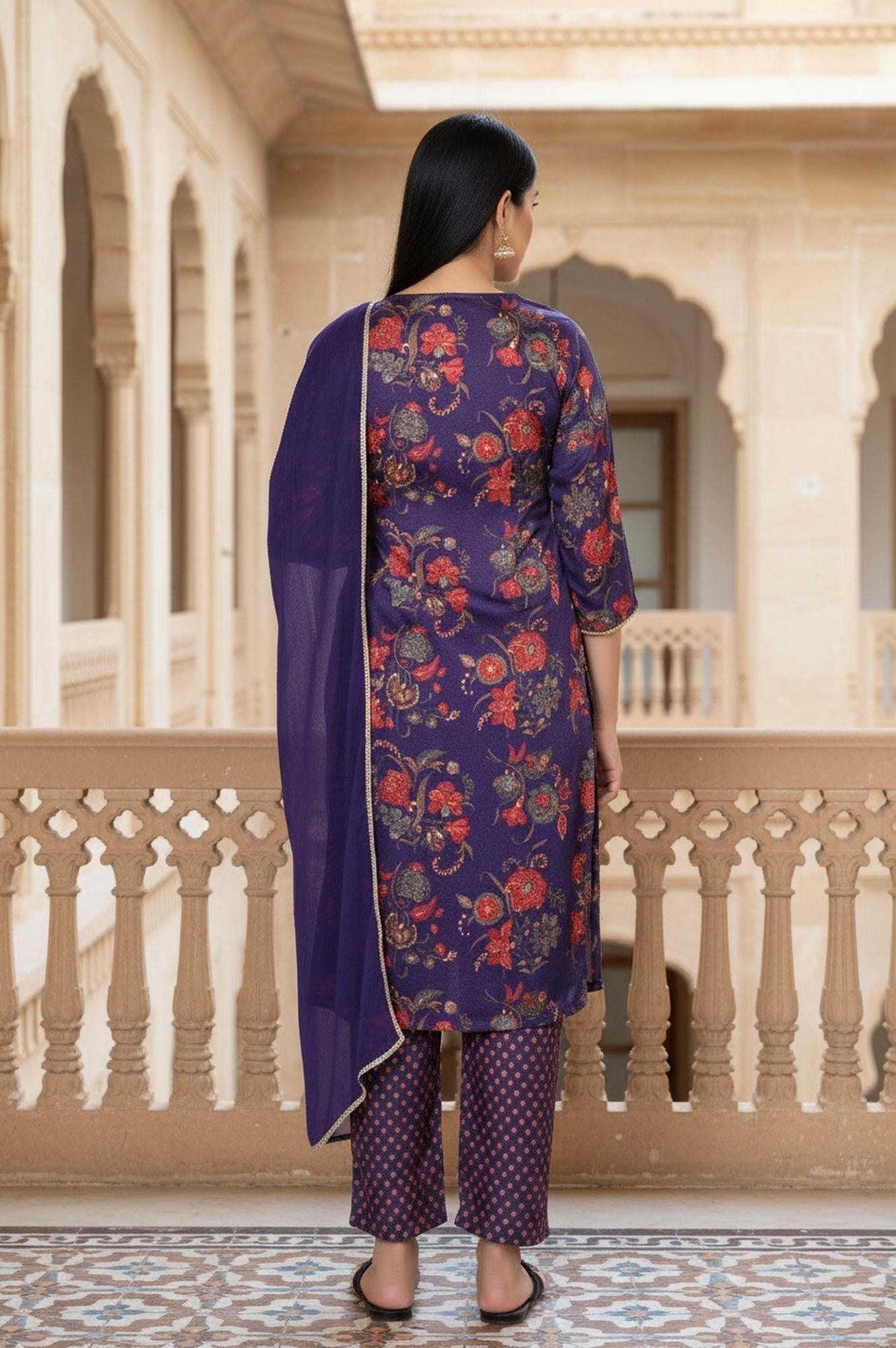 W for Woman Purple Floral Printed Embroidered Straight Satin Kurta with Straight Pant and Dupatta Set
