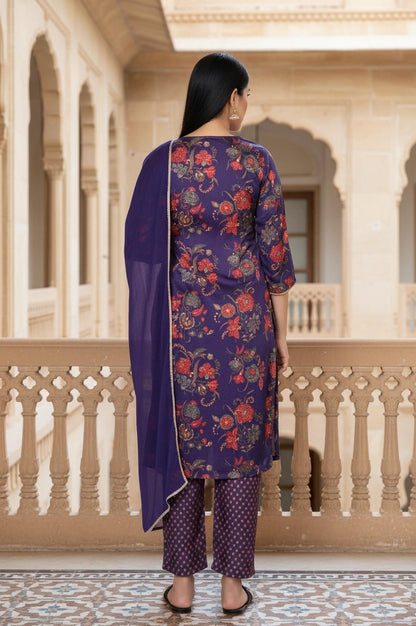 W for Woman Purple Floral Printed Embroidered Straight Satin Kurta with Straight Pant and Dupatta Set