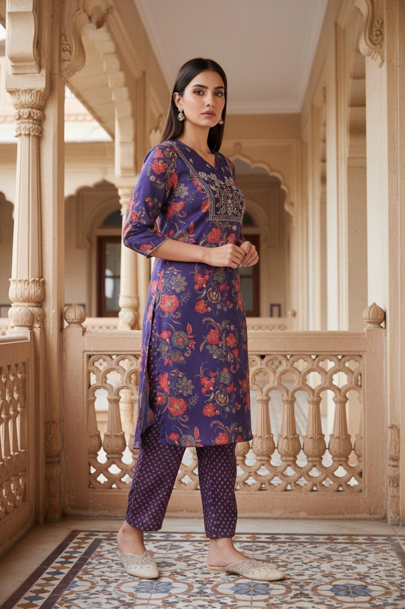 W for Woman Purple Floral Printed Embroidered Straight Satin Kurta with Straight Pant and Dupatta Set