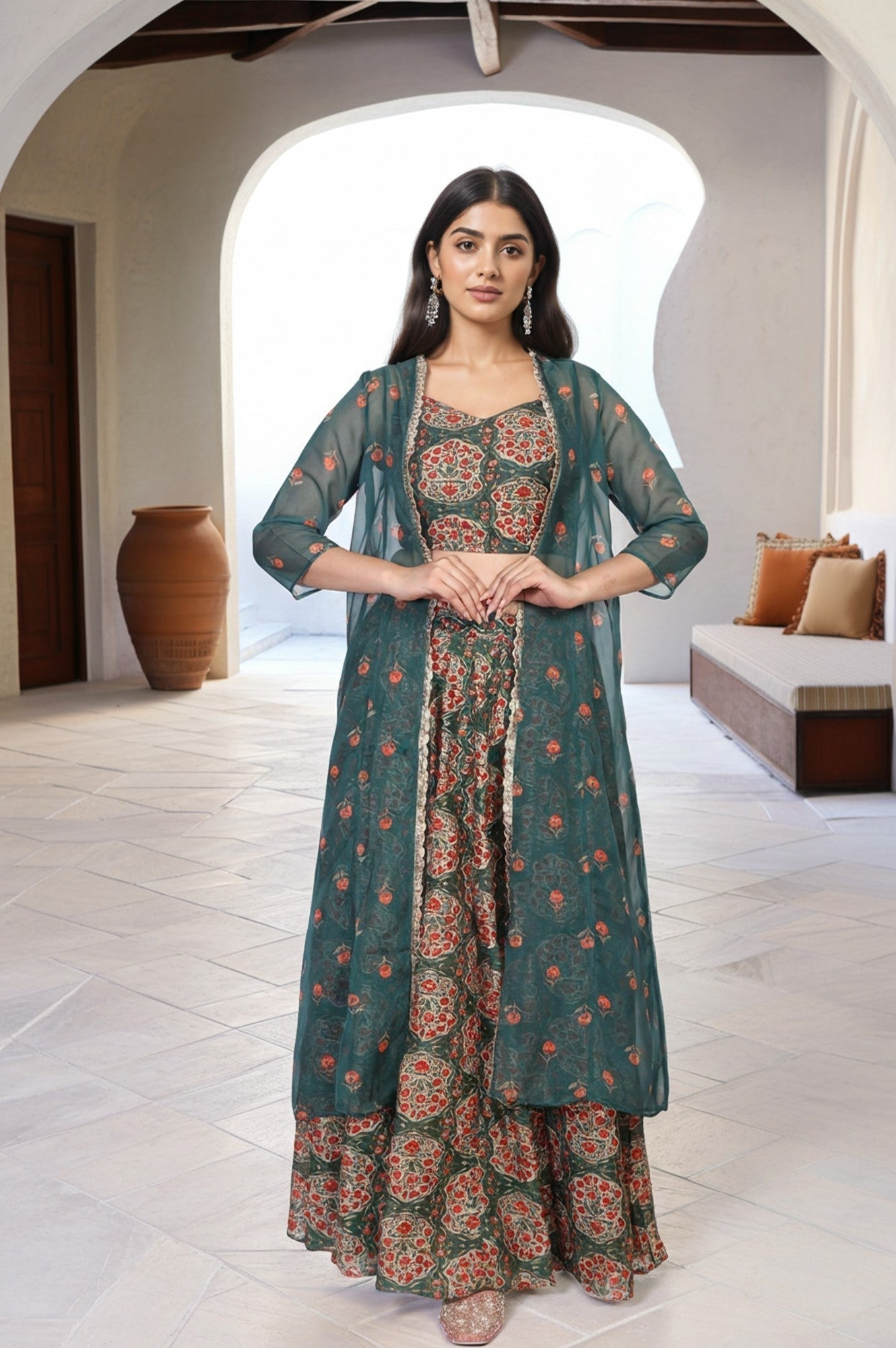 W for Woman Green Floral Printed Lace Trim Organza Top with Skirt and Gillet Set